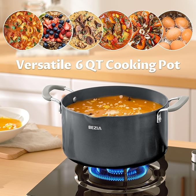 6 Quart Nonstick Stock Pot with Lid, BEZIA PFAS-Free Ceramic Soup Pot, Multipurpose Pasta Pot with Strainer Lid, Induction Cooking Pot, Silicone Handle, Compatible with All Cooktops, Dishwasher Safe - Image 7