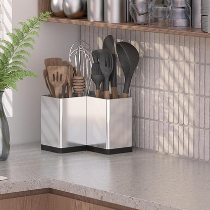 Suli Utensil holder,Kitchen Utensil Organizer for Corner Countertop,Extra Large Silverware Organizer with 3 Compartments,Farmhouse Decor,Iron,Silvery - Image 7