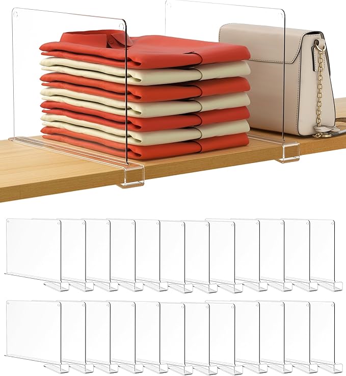HBlife 24 Pack Clear Shelf Dividers, Vertical Purse Organizer for Closet Perfect for Sweater, Shirts, Handbags in Bedroom and Kitchen, Adjustable Acrylic Bookshelf for Organization by HBlife