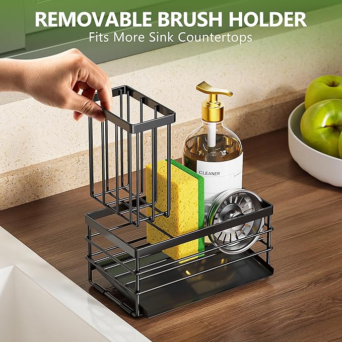 Cisily Sink Caddy Sponge Holder for Kitchen with Brush Holder and Stainless Steel Self Drain Tray, Rustproof Kitchen Sink Organizer for Sponge, Soap Dispenser Storage Accessories (Black) - Image 6