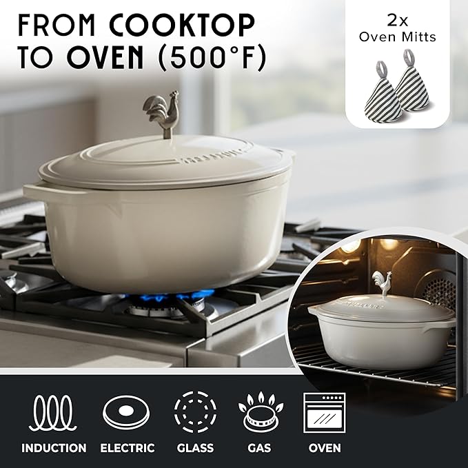 MUELLER HOME 5.5 Quart Enameled Cast Iron Oval Dutch Oven with Rooster Knob & Cotton Potholders, Heavy-Duty Cookware, Oven-Safe up to 500° F & Across All Cooktops, Gifts for Grandma & Women, White - Image 4