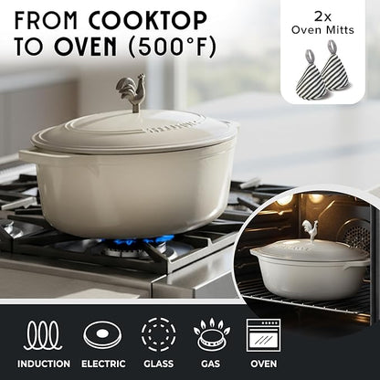 MUELLER HOME 5.5 Quart Enameled Cast Iron Oval Dutch Oven with Rooster Knob & Cotton Potholders, Heavy-Duty Cookware, Oven-Safe up to 500° F & Across All Cooktops, Gifts for Grandma & Women, White - Image 4