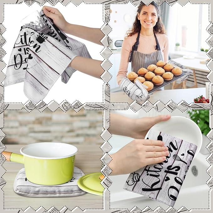 Fourluoo 10 Pcs Farmhouse Kitchen Decor and Accessories Set 4 Kitchen Towels 2 Pot Holders 2 Oven Mitts 2 Rugs for Cooking Baking Mom Housewarming Gifts (Unadorned Color,Stitched Wood Grain) - Image 6