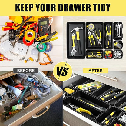 60PCS Tool Box Organizer Tray Divider, More Large Sizes-5 Sizes Desk Drawer Organizers Garage Tool Organizer and Storage, Black Plastic Tray Organizer Bins for Home Office Supplies and Tools