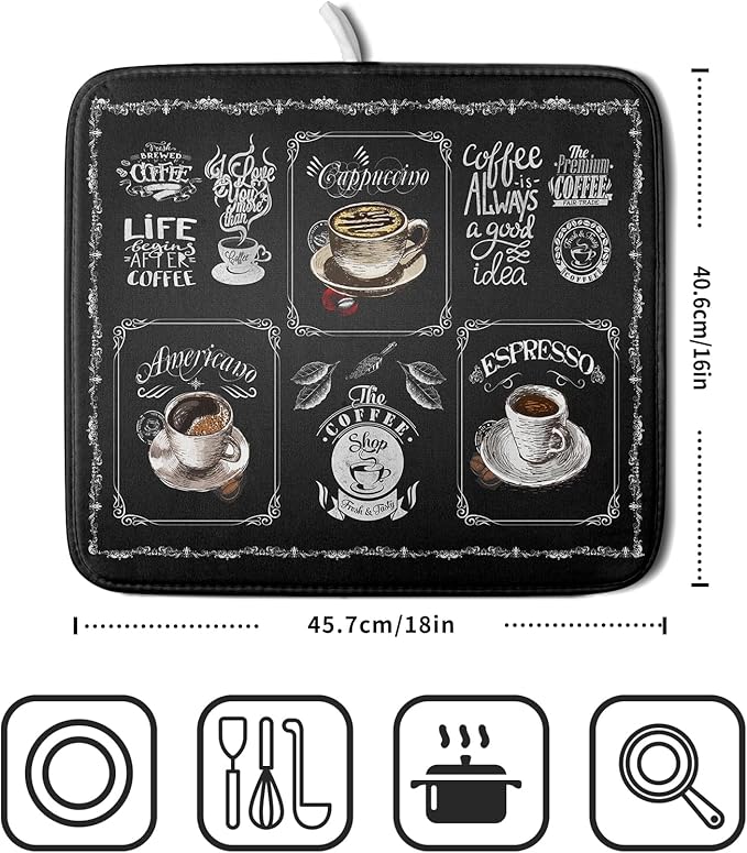 Giwawa Coffee Dish Drying Mat Vintage Anti Fatigue Espresso Cup Black Bean Maker Machine Drainer Mat Small Dish Pad Dish Drainer Rack Mat Protector Kitchen Accessories Bar Time 16x18 inch