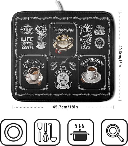Giwawa Coffee Dish Drying Mat Vintage Anti Fatigue Espresso Cup Black Bean Maker Machine Drainer Mat Small Dish Pad Dish Drainer Rack Mat Protector Kitchen Accessories Bar Time 16x18 inch
