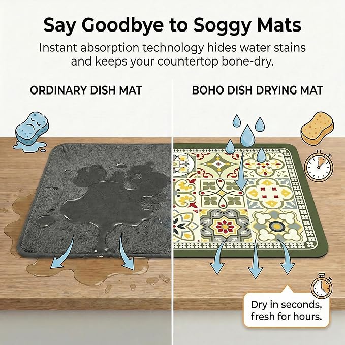 Boho Dish Drying Mat for Kitchen Counter - Super Absorbent Faux Leather Kitchen Mat, Quick Dry & Non-Slip Countertop Protector, Aesthetic Bohemian Decor for Coffee Bar (12"x19", GN)