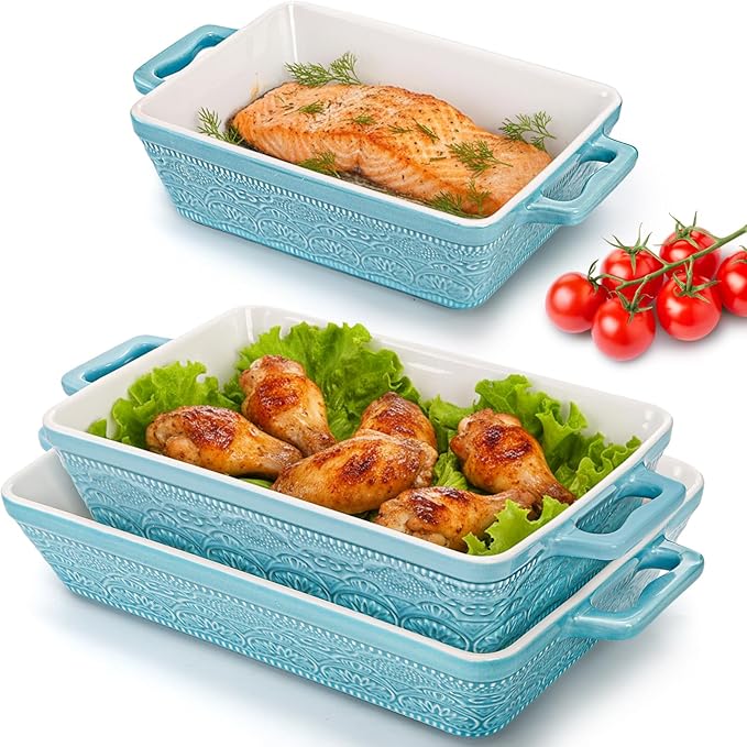 Hacaroa Set of 3 Ceramic Baking Dishes, Rectangular Bakeware with Handles, Elegant Casserole Dish Set Lasagna Pan for Baking, Cooking, Cake Dinner, Banquet, Lake Blue, 3 Sizes by Hacaroa