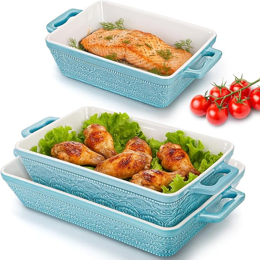 Hacaroa Set of 3 Ceramic Baking Dishes, Rectangular Bakeware with Handles, Elegant Casserole Dish Set Lasagna Pan for Baking, Cooking, Cake Dinner, Banquet, Lake Blue, 3 Sizes by Hacaroa