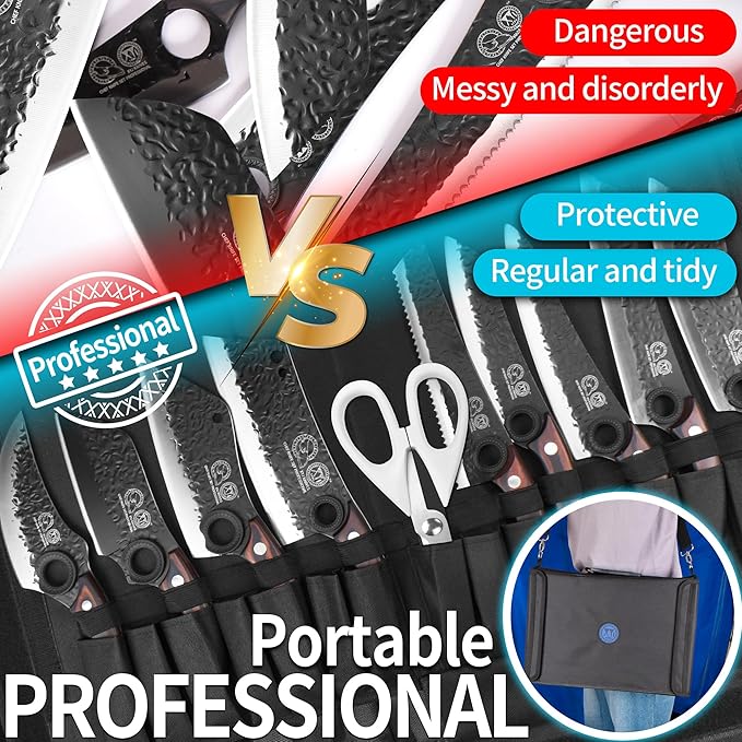 XYJ Professional Kitchen Knife Set with High-Carbon Steel Forged Blades, Chef's Knife, Cleaver, Carving Knife, Nakiri, Full Tang Design, Includes Carrying Bag & Poultry Scissors