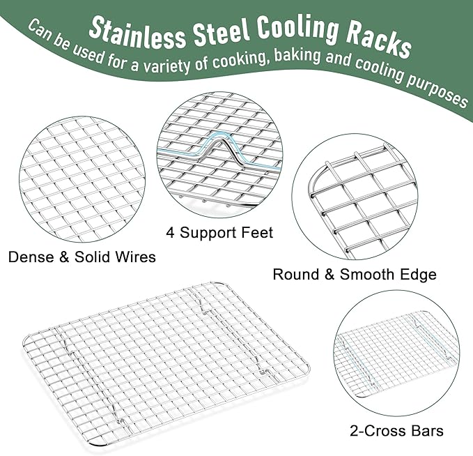 Homikit Quarter Sheet Pan with Wire Rack Set (2 Baking Sheets+2 Racks), Stainless Steel Baking Tray with Grid Cooling Rack for Toaster Oven Roasting, Metal Bacon Cookie Jelly Roll Pan, 12" x 10" Inch