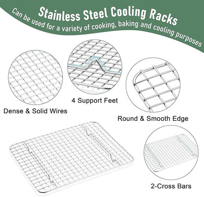 Homikit Quarter Sheet Pan with Wire Rack Set (2 Baking Sheets+2 Racks), Stainless Steel Baking Tray with Grid Cooling Rack for Toaster Oven Roasting, Metal Bacon Cookie Jelly Roll Pan, 12" x 10" Inch