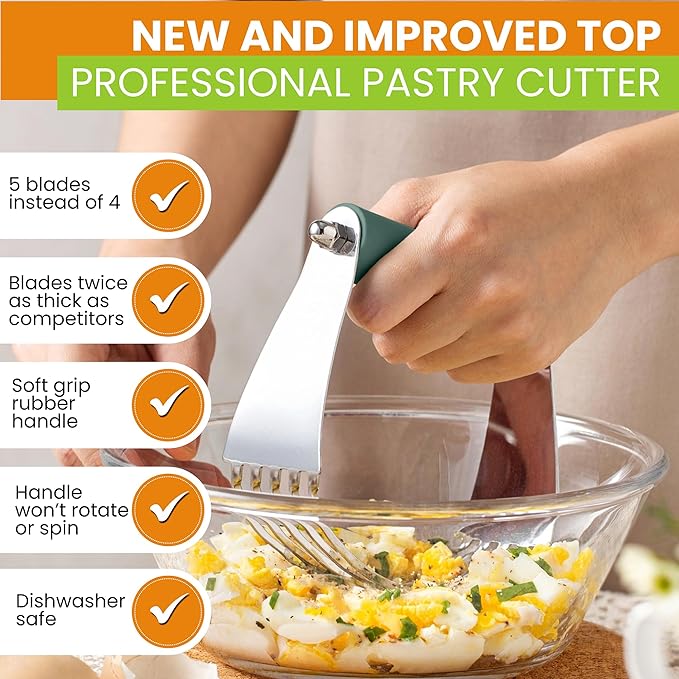Spring Chef Large Dough Blender For Baking, Manual Dough Cutter Tool, Stainless Steel Puff Pastry Cutter Tool with Sharp Blades, Dishwasher Safe Pastry Blender for Easy Mixing - Pine Green - Image 3