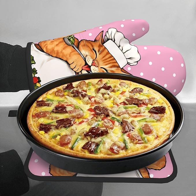 Cat Oven Mitts - Pink Oven Mitts and Pot Holders Sets of 2 Cute Kitten Cooker Kitchen Mitts Hot Pads for Baking Grilling - Image 7