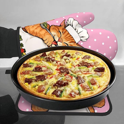 Cat Oven Mitts - Pink Oven Mitts and Pot Holders Sets of 2 Cute Kitten Cooker Kitchen Mitts Hot Pads for Baking Grilling - Image 7
