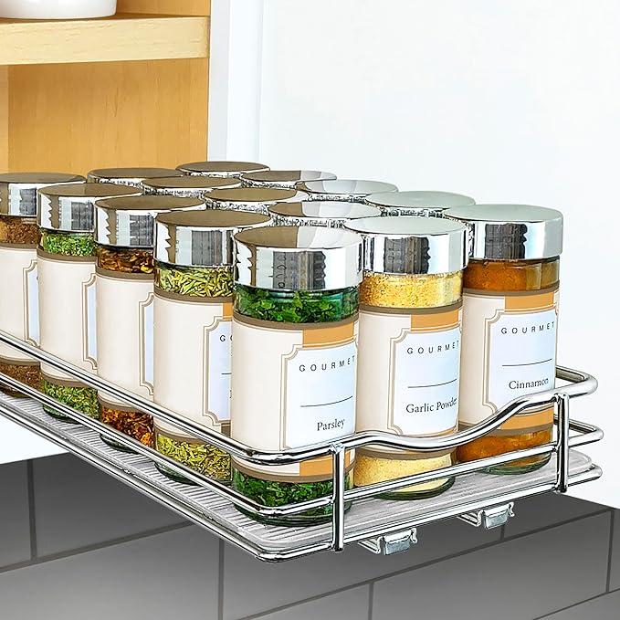 LYNK PROFESSIONAL® Pull Out Spice Organization for Cabinets - 6-3/8 inch Wide – Spice Rack for Inside Cabinets, Slide Out Spice Rack Organizer for cabinet – Pull Out Spice Rack, Sliding 1 Tier Chrome by LYNKPROFESSIONAL