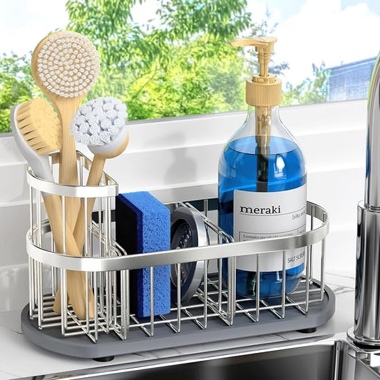 Sponge Holder for Kitchen Sink with High Brush Holder, [Stay-Dry Anywhere & No Drainage Needed] Rustproof Stainless Steel Kitchen Sink Caddy Organizer with Water Absorbing Stone Tray, Silver by HOKEMOM