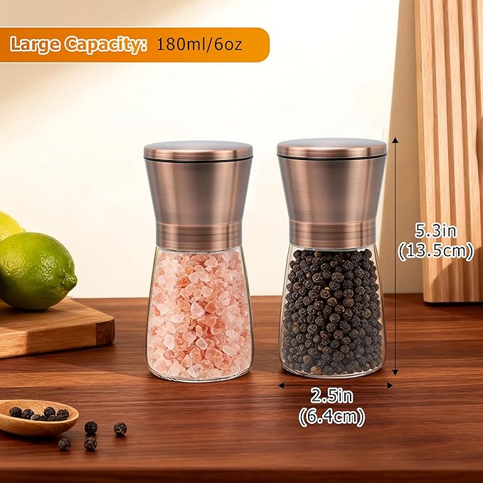 R DRURLCD Short Copper Salt and Pepper Grinder Set of 2, Manual Adjustable Coarseness with Ceramic Blades - Stainless Steel Refillable Mills, Bonus Silicone Funnel