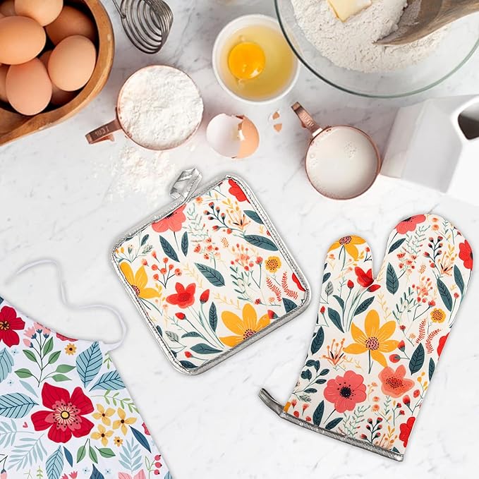 5 Pcs Kitchen Stuff Accessories, Kitchen Oven Mitts and Pot Holders Sets with Cooking Kitchen Aprons for Women,Gifts for Women
