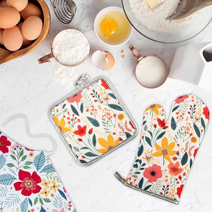 5 Pcs Kitchen Stuff Accessories, Kitchen Oven Mitts and Pot Holders Sets with Cooking Kitchen Aprons for Women,Gifts for Women