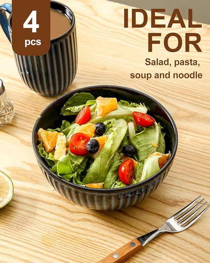 HASENSE Large Ceramic Serving Bowls 42 Oz - 7 Inch Salad Bowl Set of 4 for Kitchen,Modern Ribbed Porcelain Dishes for Entertaining,Soup,Pho,Pasta,Cereal, Noodle - Dishwasher & Microwave Safe, Blue