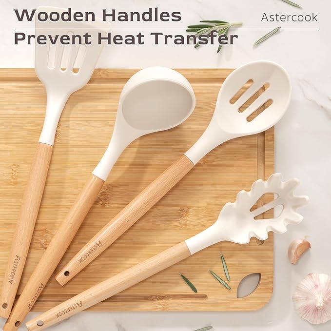 Astercook Kitchen Utensils set, 39 PCS Silicone Cooking Utensils Set with Wooden Handle, 446°F Heat Resistant Food Grade Utensil Sets, BPA Free Kitchen Gadgets Tools Set for Mothers Day Gifts - Image 5