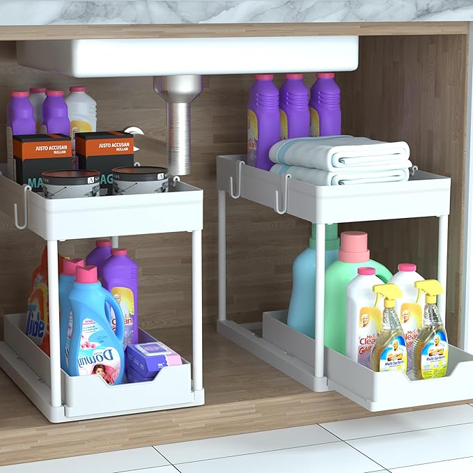 DEKAVA Cabinet, 2 Pack Under Sink Organizer, 2 Tier Sliding Bathroom Kitchen Organizer, Large White ABS Baskets, Easy Install & Clean - Image 7