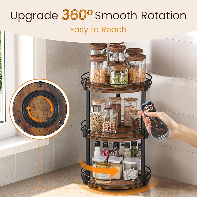 Snughome Lazy Susan Organizer, 3 Tier Rotating Spice Rack, Turntable Lazy Susan Kitchen Countertop Organizer, 10.2" x 10.2" x 18.5", Rustic Brown - Image 4
