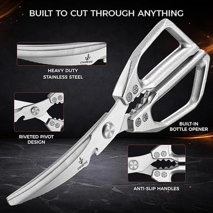 Heavy Duty Kitchen Shears for Bone Cutting, 2 Pack Ultra Sharp Poultry Scissors, Stainless Steel Kitchen Scissors for Chicken, Meat & Fish, Dishwasher Safe, Non-Slip Grip