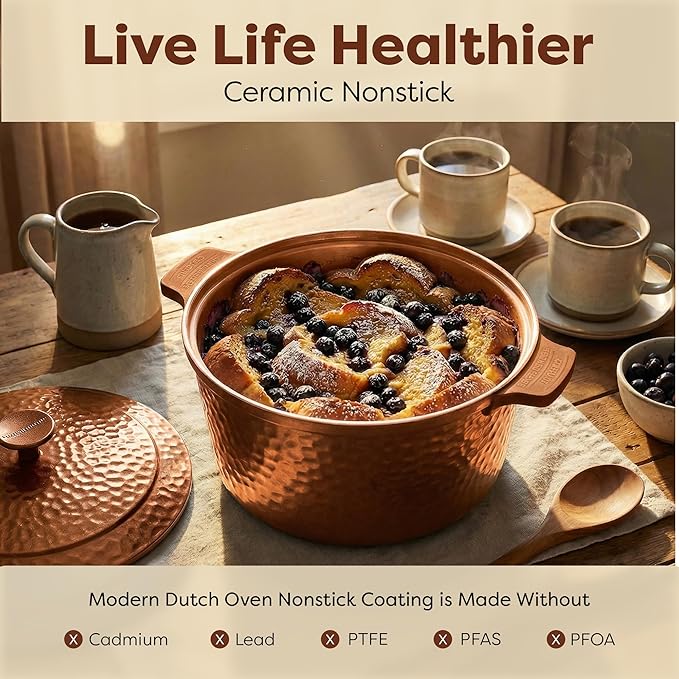 Gotham Steel Hammered 5 Qt Lightweight Dutch Oven Pot with Lid & Holders, Ceramic Non Toxic, Oven Safe & Even Heat Retaining Dutch Oven for Bread Baking Sourdough, Soup, 70% Lighter than Cast Iron - Image 3
