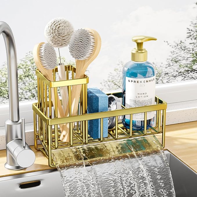 Kitsure Sponge Holder for Kitchen Sink - Rustproof Stainless Steel Sink Caddy Organization and Storage Essentials with High Brush Holder, Home Decor Accessories, 7.9" x 3.7" x 6.2", Gold by Kitsure