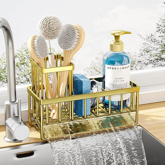 Kitsure Sponge Holder for Kitchen Sink - Rustproof Stainless Steel Sink Caddy Organization and Storage Essentials with High Brush Holder, Home Decor Accessories, 7.9" x 3.7" x 6.2", Gold by Kitsure