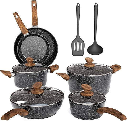 MAISON ARTS Pots and Pans Set Non Stick, 12 Piece Black Granite Kitchen Cookware Induction Compatible, Pot and Pan Sets for Cooking Nonstick by MAISONARTS