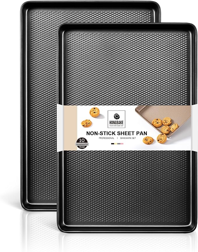 HONGBAKE 2 Pack Jelly Roll Pan Set 15x10, Cookie Sheets for Baking with Diamond Texture, Baking Sheets Non Stick, Non Toxic Oven Trays for Cooking, Heavy Duty 57% Thicker Carbon Steel, Dark Gray by HONGBAKE