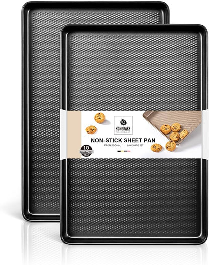 HONGBAKE 2 Pack Jelly Roll Pan Set 15x10, Cookie Sheets for Baking with Diamond Texture, Baking Sheets Non Stick, Non Toxic Oven Trays for Cooking, Heavy Duty 57% Thicker Carbon Steel, Dark Gray by HONGBAKE