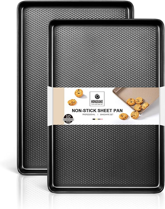 HONGBAKE 2 Pack Jelly Roll Pan Set 15x10, Cookie Sheets for Baking with Diamond Texture, Baking Sheets Non Stick, Non Toxic Oven Trays for Cooking, Heavy Duty 57% Thicker Carbon Steel, Dark Gray by HONGBAKE