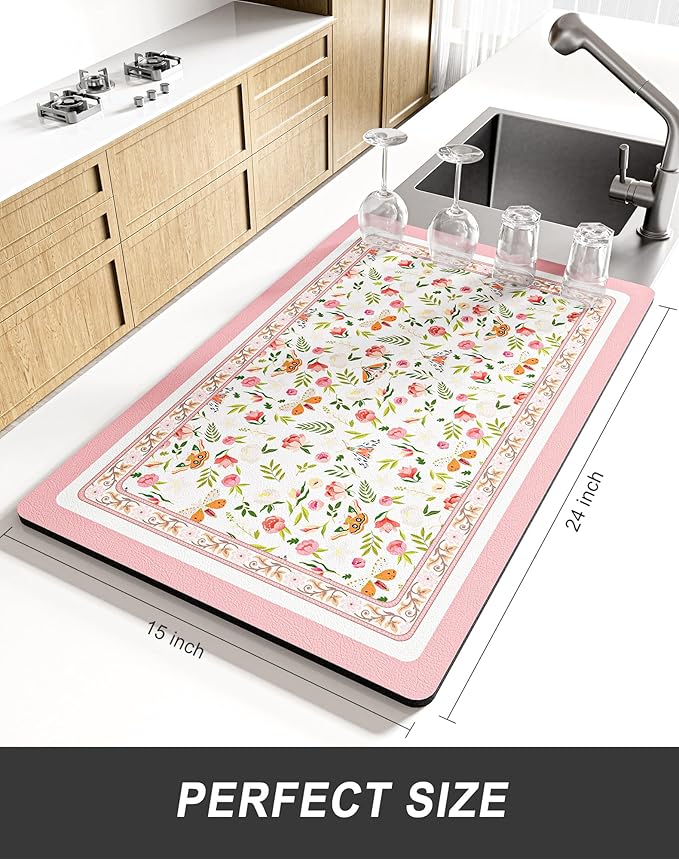 Rnivvi Dish Drying Mat for Kitchen Counter, XL 15 x 24" Cute Flower Theme Absorbent Draining Pad, Non-Slip Heat Resistant Coffee Bar Mats for Coffee Machine Station Accessories, Pink Dish Rack Pad - Image 2