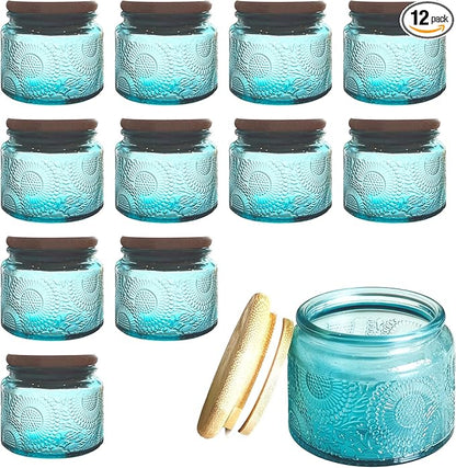 4 oz Blue Mini Glass Jars with Airtight Bamboo Lids 12 pack, Decorative Small Food Storage Canister, Vintage Embossed Home Décor Candle Parties Wedding Baby Shower Favors Gift