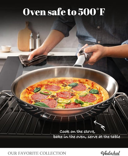 Stainless Steel Pan,12 Inch Stainless Steel Frying Pan,Tri-Ply Stainless Steel Skillet,Steel Pan for Cooking,PFOA&PTFE Free,Dishwasher and Oven Safe,Induction&All Stove Compatible