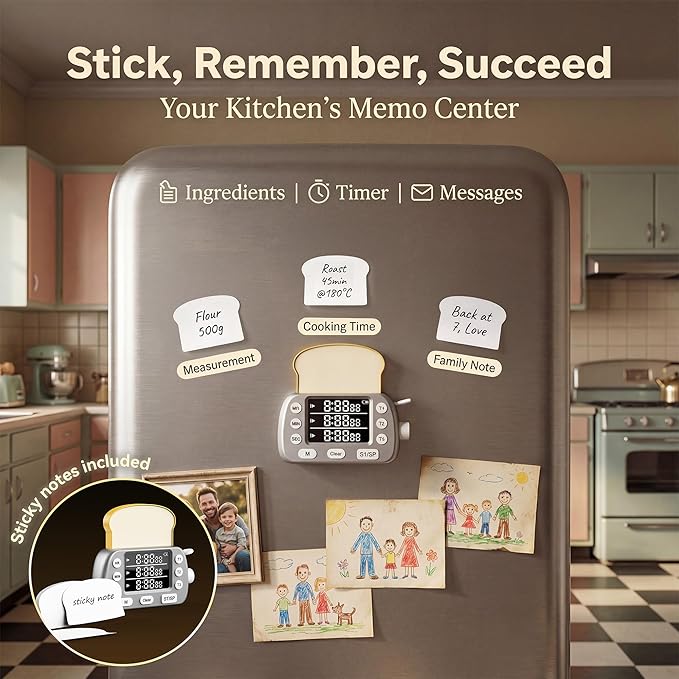 Digital Kitchen Timer for Cooking - 3-Channel Magnetic Countdown Timers with Memory Preset for Baking, Toaster, Eggs Includes Memo Notes (Silver)