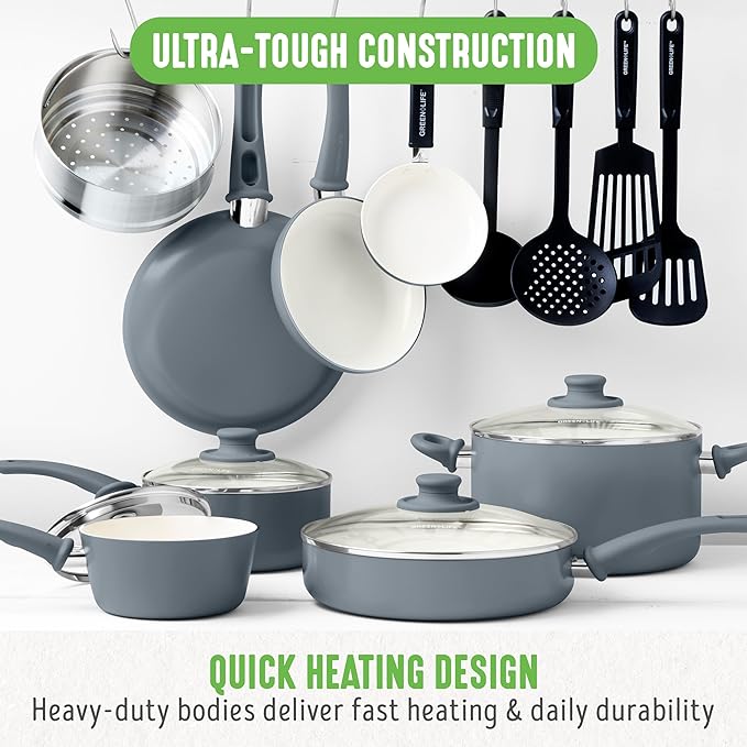 GreenLife 16 Piece Nonstick Cookware Set, Soft Grip Non-Toxic PFAS-Free Ceramic Pots & Pans, Dishwasher & Oven Safe, Frying, Sauce, Saute, Utensils, Glass Lids, Stay-Cool Handles, Wobble Free, Gray - Image 5