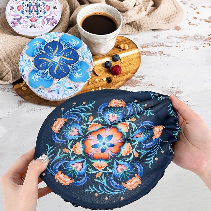 5 Pieces Bowl Covers Reusable, 5 Size Elastic Cloth Bowl Covers for Bread Proofing Food Covers Washable for Food Fruits Leftover (Dark Blue Floral) - Image 6