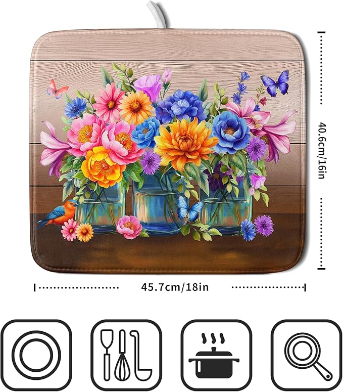 Colorful Flowers Dish Drying Mat for Kitchen Counter 16x18in Spring Summer Flower Vases Dish Mat Drying Absorbent Microfiber Dish Drainer Rack Mats Botanical Floral Dishes Pad for Countertops