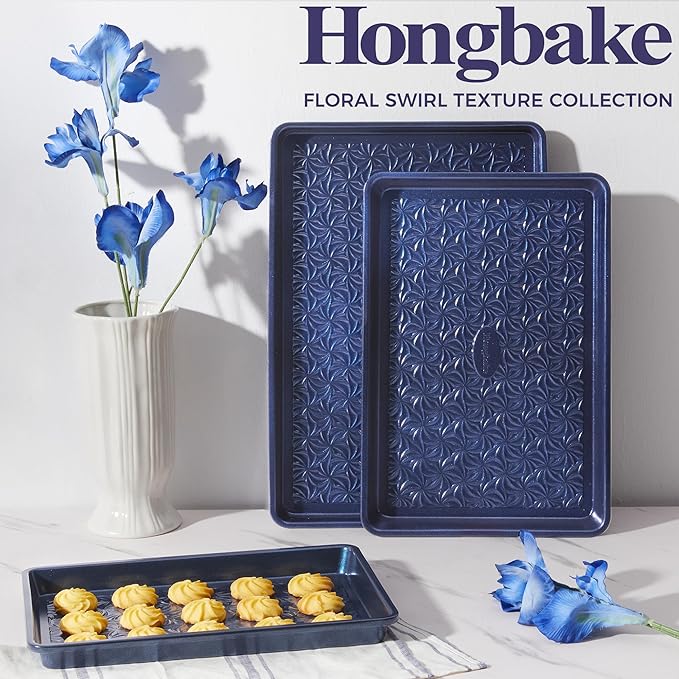 HONGBAKE Nonstick Baking Sheet Pan Set of 3, Cookie Sheets for Oven, Non-Toxic Half/Quarter/Jelly Roll Pans with Floral Swirl Texture, Heavy Duty 0.8mm Thick Oven Trays for Cooking, Blue - Image 9