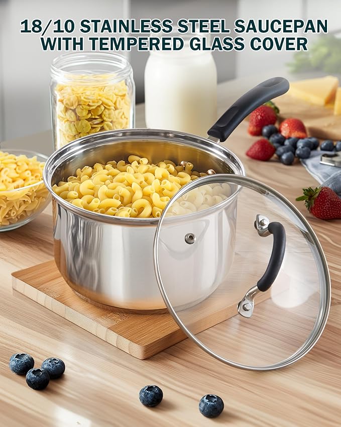 Cook N Home 1 & 2 Quart Stainless Steel Saucepan Sets with Lid, Induction Compatible Milk Pots, Stay-Cool Silicone Handle, Mirror Polished 18/10 Cookware, Dishwasher & Oven Safe, Silver - Image 5