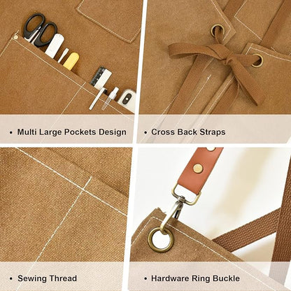 OUNLEN Chef Apron for Men Women Canvas Aprons with 3 Pockets Cross Back Resistant Work Apron for Cooking - Image 3