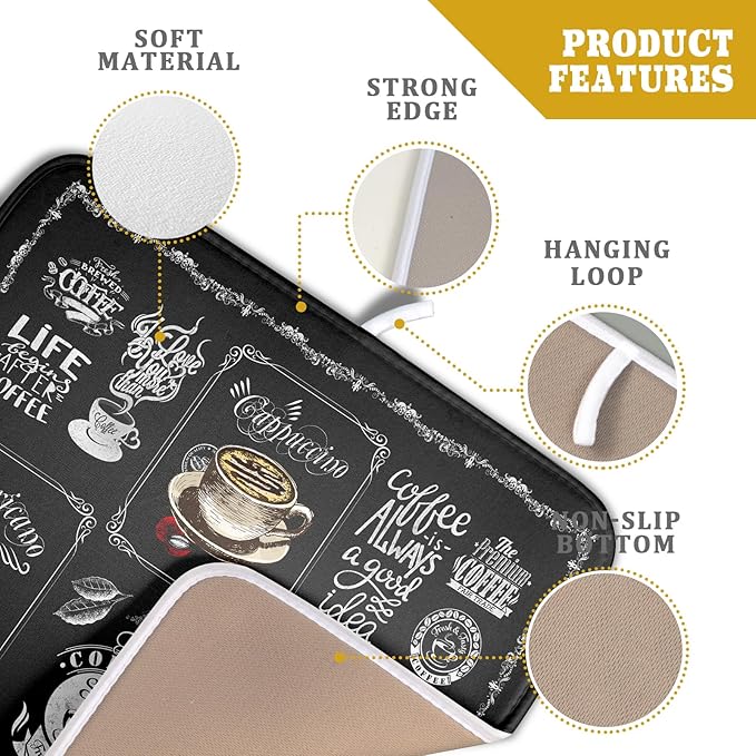 Giwawa Coffee Dish Drying Mat Vintage Anti Fatigue Espresso Cup Black Bean Maker Machine Drainer Mat Small Dish Pad Dish Drainer Rack Mat Protector Kitchen Accessories Bar Time 16x18 inch