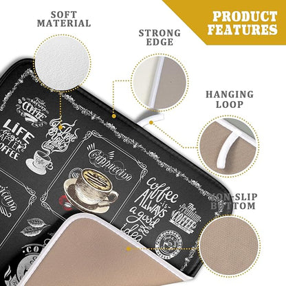 Giwawa Coffee Dish Drying Mat Vintage Anti Fatigue Espresso Cup Black Bean Maker Machine Drainer Mat Small Dish Pad Dish Drainer Rack Mat Protector Kitchen Accessories Bar Time 16x18 inch