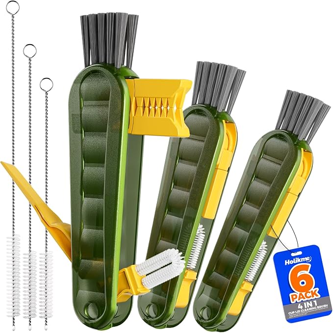 6 Pack Holikme 4 in 1 Cup Lid Cleaning Brush Set with 3 Straws, Multifunctional Bottle Brush, Silicone Cup Lid Gap Cleaner, Durable Bristle Crevice Cleaning Brush, Olive by Holikme