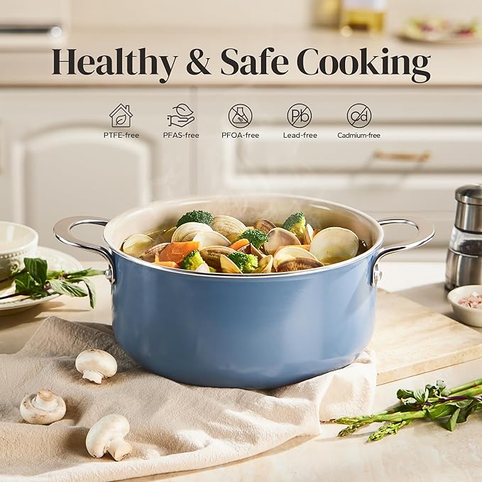Redchef Ceramic Stock Pot, Induction Cooking Pot with Glass Lid for Soup, 5Qt Stockpot Nonstick Soup Pot, Even Heating, Stay-Cool Handles,Fits All Stoves, Oven/Dishwasher Safe, PFAS Free (Blue) - Image 2